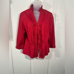 Peck & Peck Red Long Sleeve Button Down Ruffle Front Top Size Medium EUC